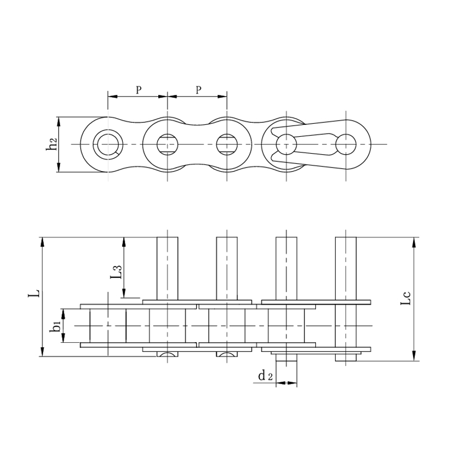 Transportkettingen met korte steek en verlengde pennen
