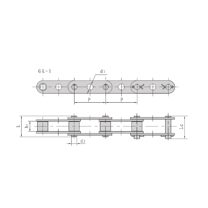 Transportkettingen met dubbele steek en centrale gaten